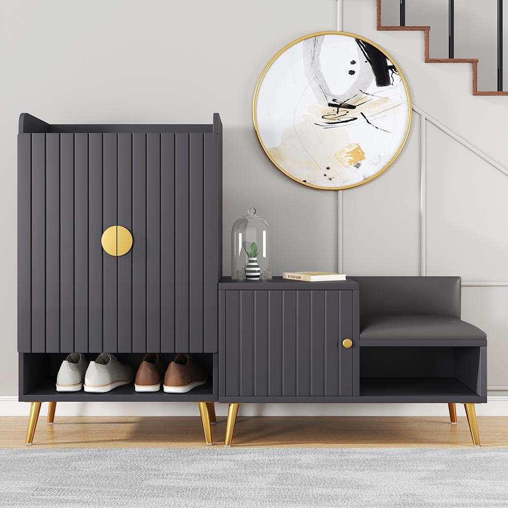 White Contemporary Upholstered Shoe Rack Bench with Storage Cabinet and Shelf Entryway