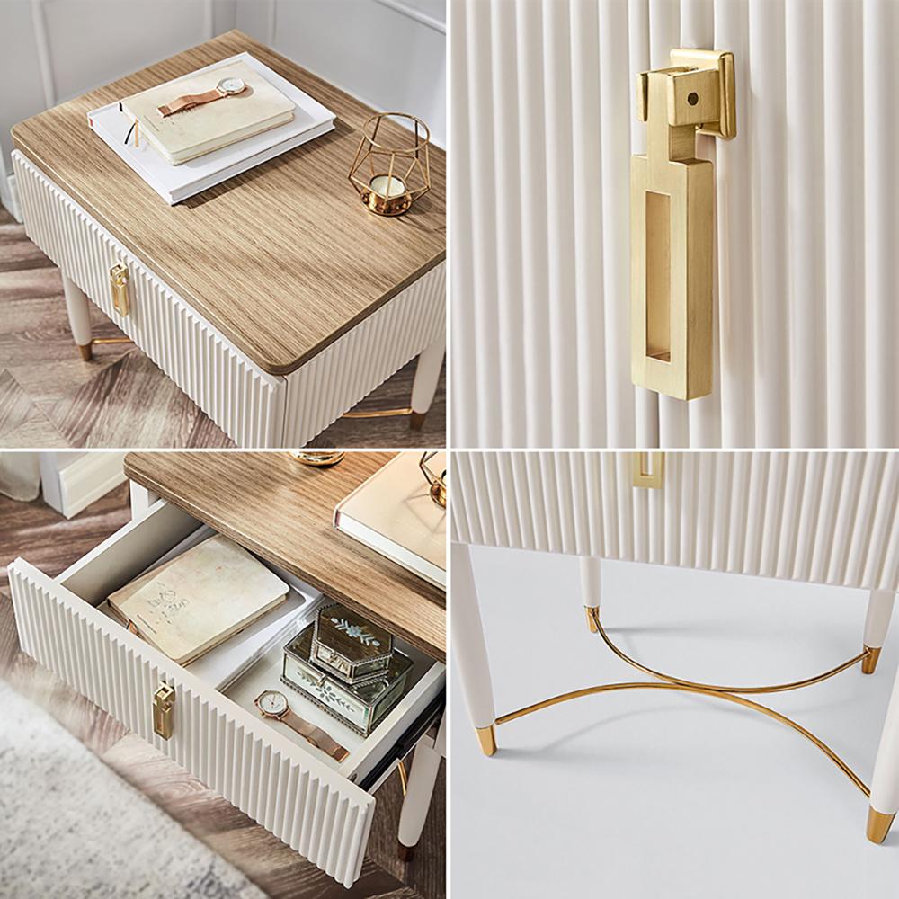 Modern White Nightstand Contemporary Wood Nightstand Bedside Table with Drawer in Gold