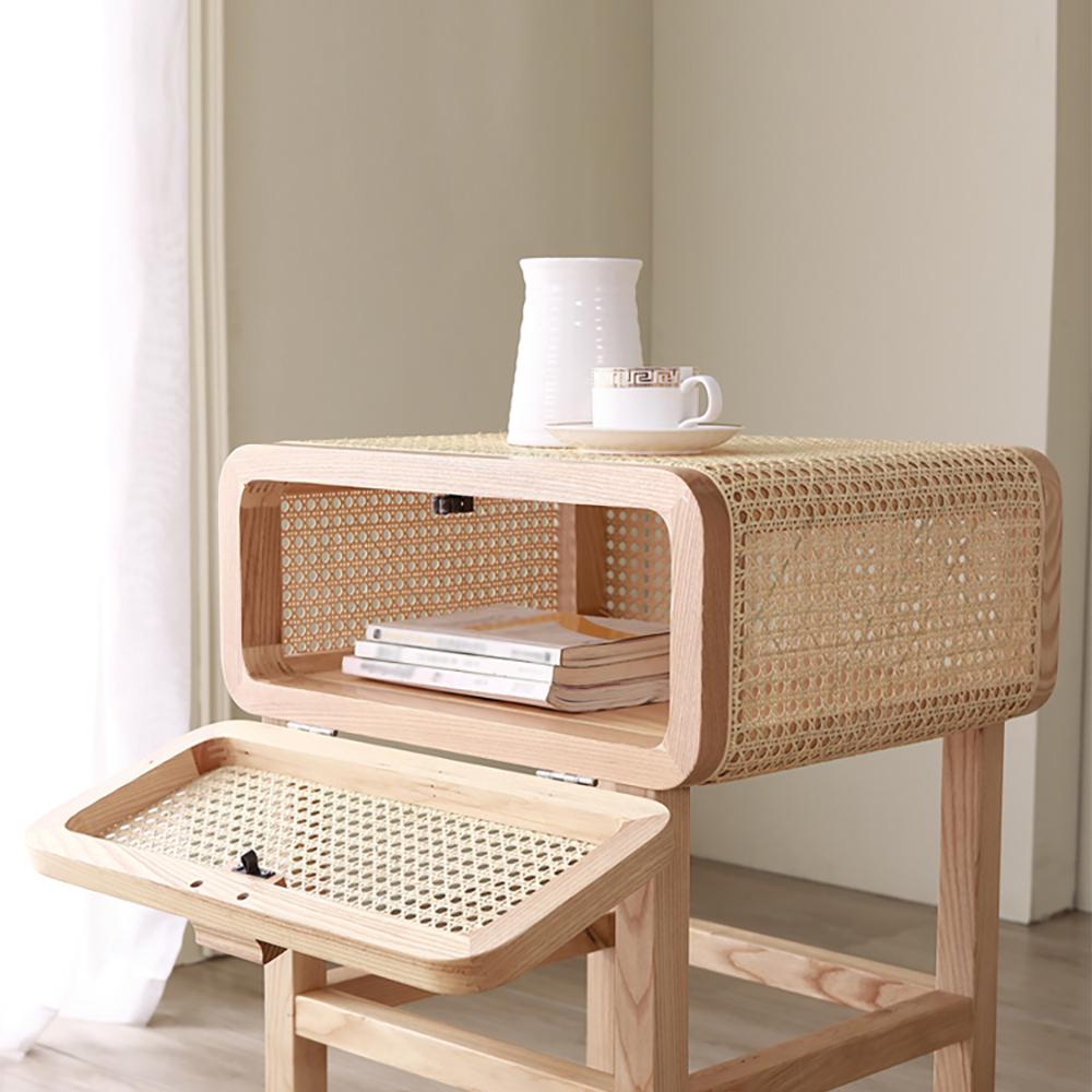 Wooden Walnut Nightstand Rattan Drawer for Bedroom Living Room Storage Bedside Table