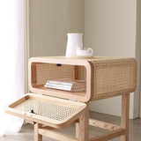 Wooden Walnut Nightstand Rattan Drawer for Bedroom Living Room Storage Bedside Table