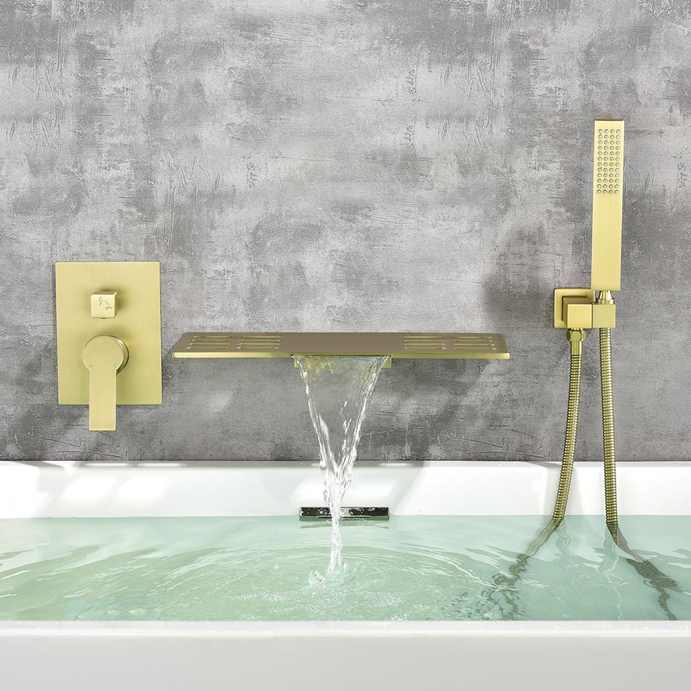 Modern Waterfall Wall Mounted Single Handle Bathtub Faucet With Handshower in Black