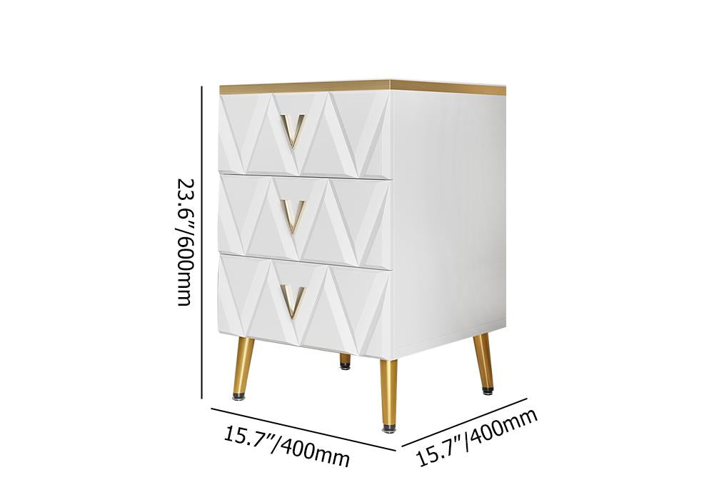 Nordic White Nightstand 3-Drawer Bedside Table V-Shaped Facet & Gold Pulls in Large