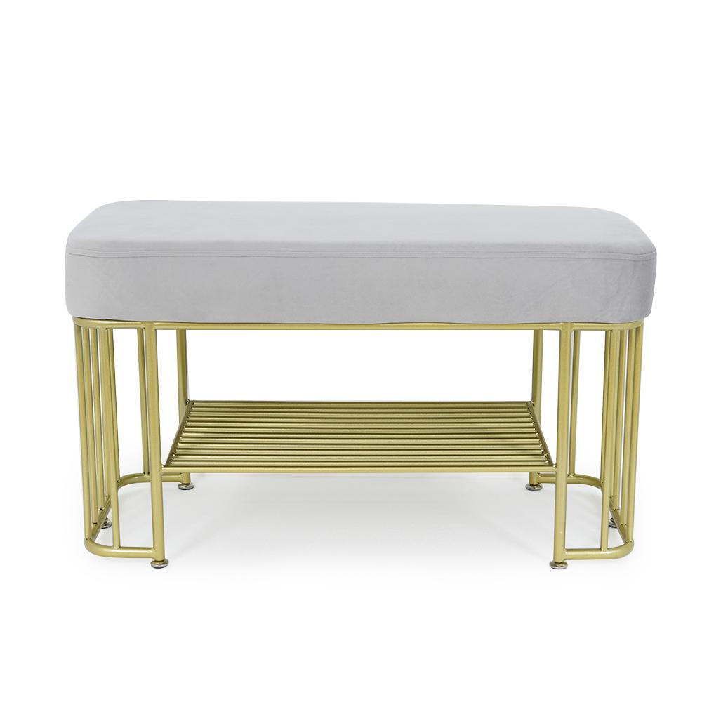 Modern Gray Storage Bench Entryway Bench Velvet Upholstered with Golden Frame & Shelves