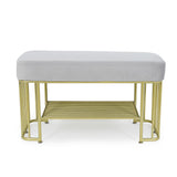 Modern Gray Storage Bench Entryway Bench Velvet Upholstered with Golden Frame & Shelves