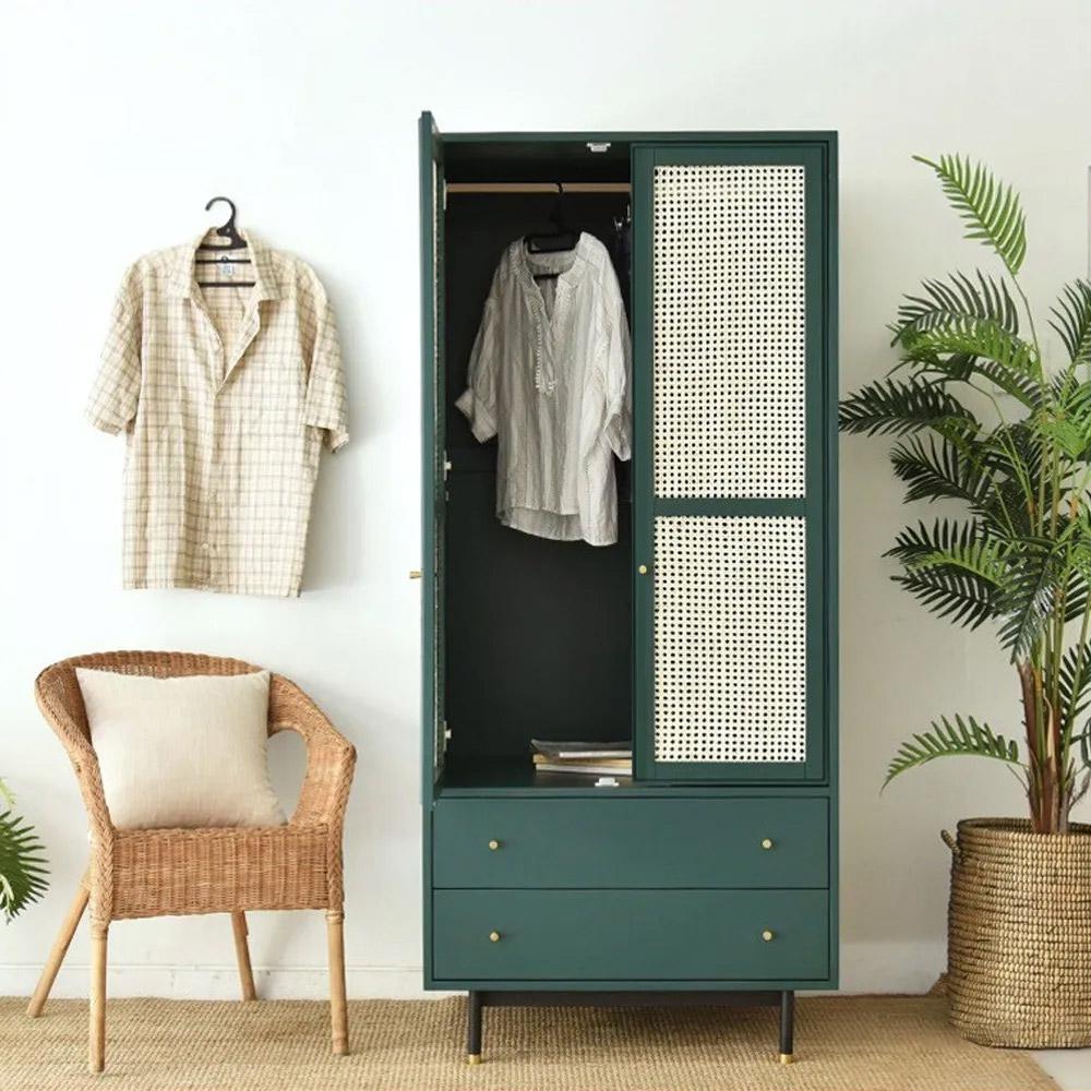 Nordic Green Closet with 2-Drawer 2-Door Clothes Cabinet Rattan Woven