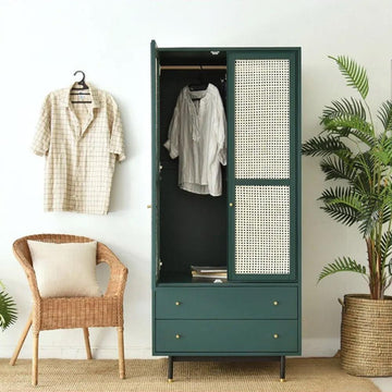 Nordic Green Closet with 2-Drawer 2-Door Clothes Cabinet Rattan Woven