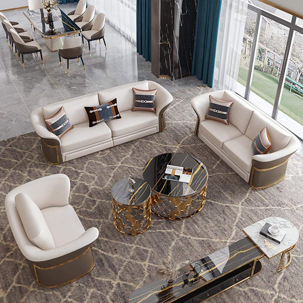Modern Faux Leather Living Room Sofa Set in Brown & White Set of 3-Richsoul-Furniture,Living Room Furniture,Living Room Sets