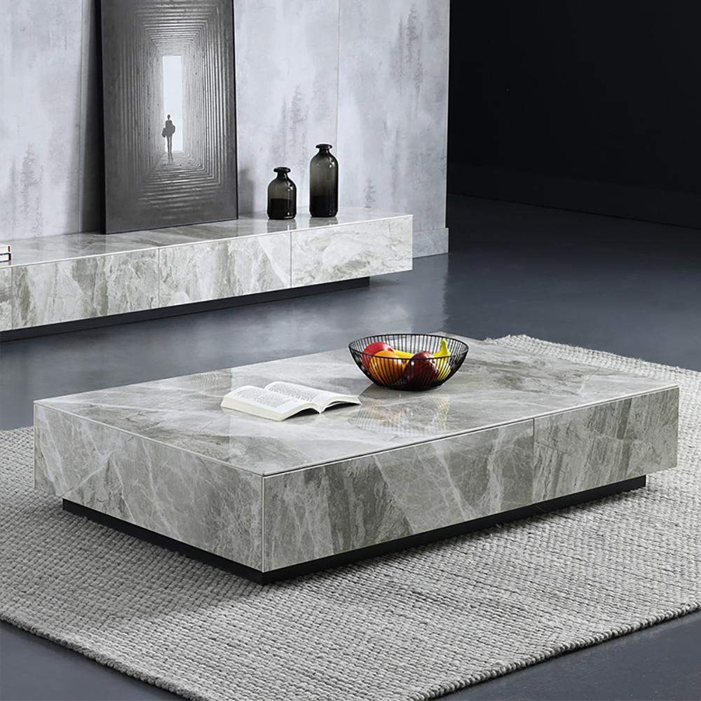 Gray Stone Top Coffee Table and TV Stand Set of 2 with Carbon Steel Base-Furniture,Living Room Furniture,Living Room Sets