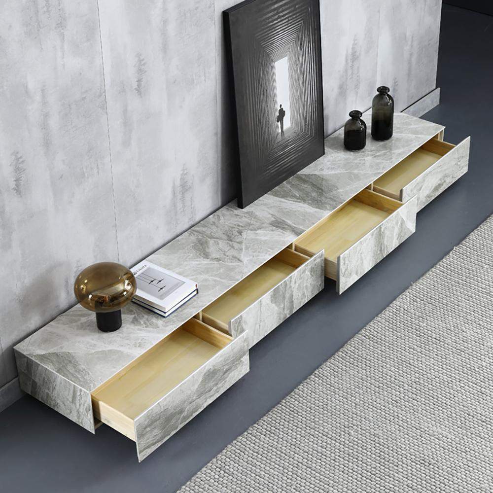 Gray Stone Top Coffee Table and TV Stand Set of 2 with Carbon Steel Base-Furniture,Living Room Furniture,Living Room Sets