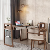 Modern I Shaped Desk Retracted & Extendable Corner Walnut Desk with Storage & 2 Drawers