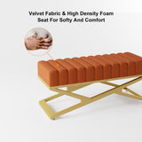 Modern Entryway Bench Gray Velvet Upholstered Ottoman Bench in Gold
