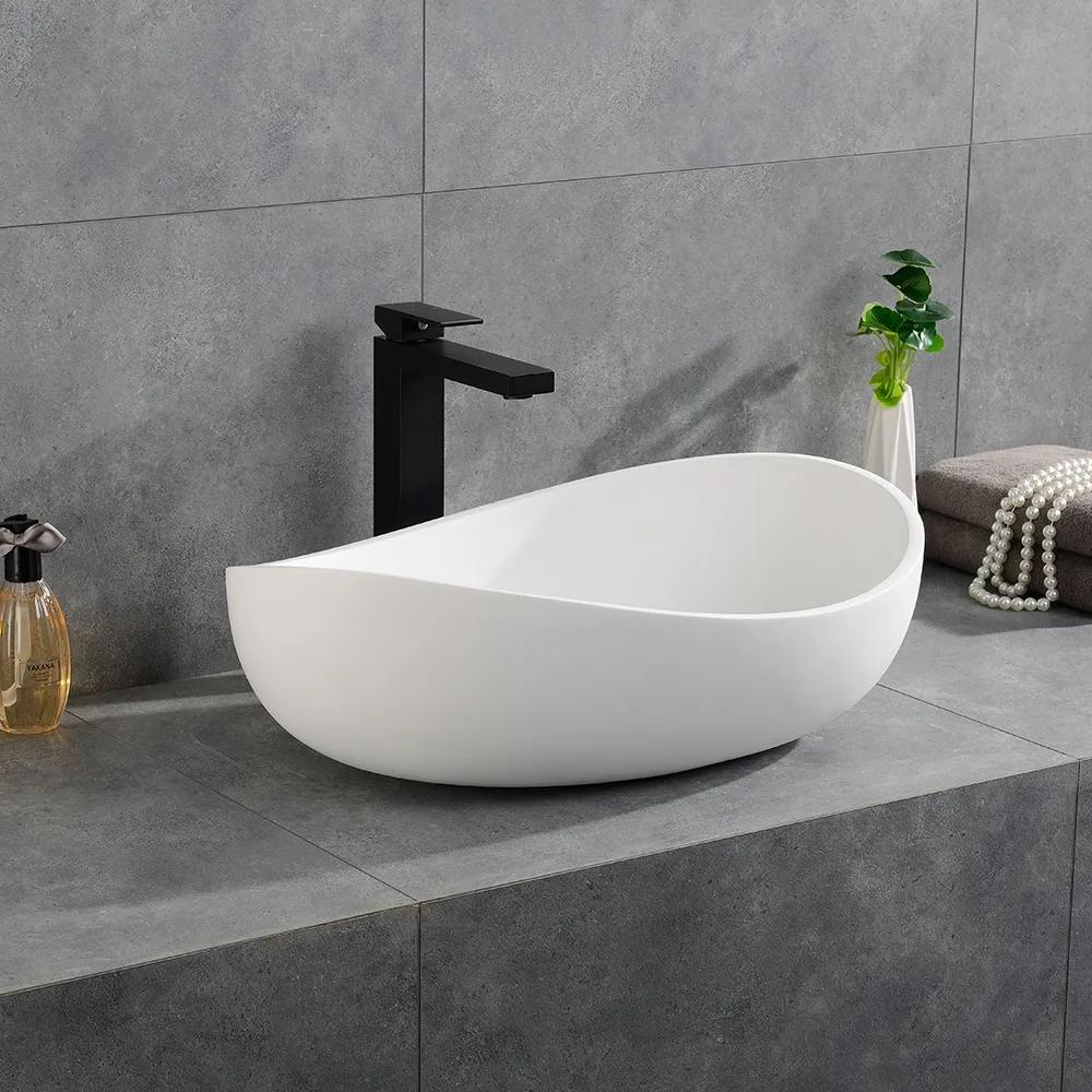 Bathroom Stone Resin Oval Vessel Sink Modern Art Sink Glossy White with Pop Up Drain