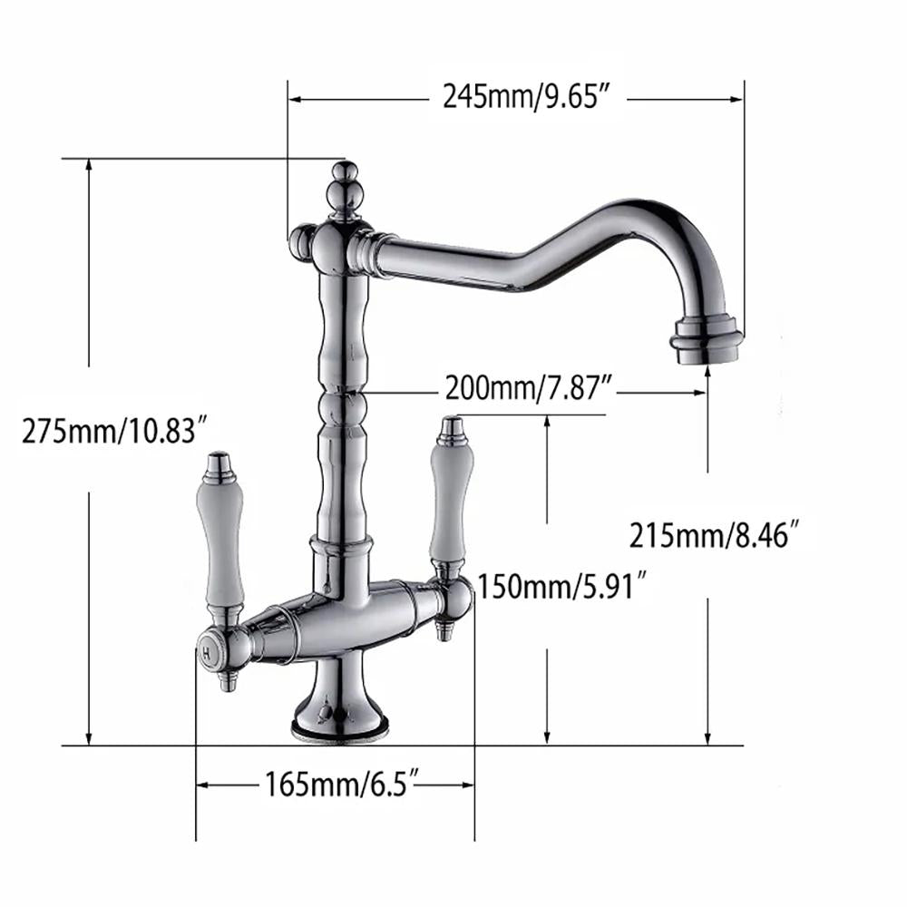 Porcelain Double Handles Single Hole Brass Kitchen Faucet in Polished Chrome