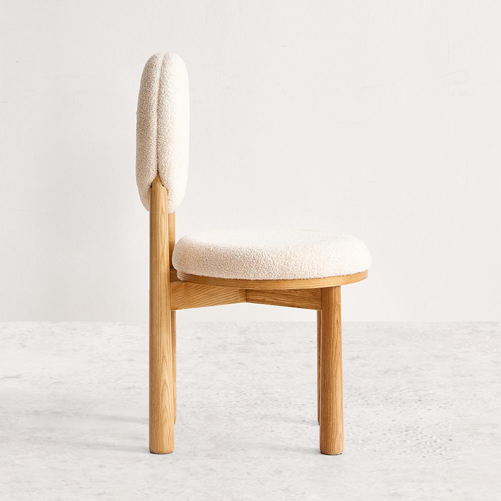 Modern White Boucle Dining Chair Side Chair Natural Wood Legs