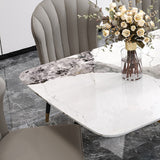 78.7" Modern White Rectangular Stone Dining Table with Double Bronze Pedestals