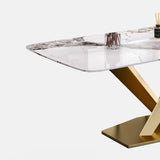 78.7" Modern White Rectangular Stone Dining Table with Double Bronze Pedestals