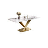 78.7" Modern White Rectangular Stone Dining Table with Double Bronze Pedestals