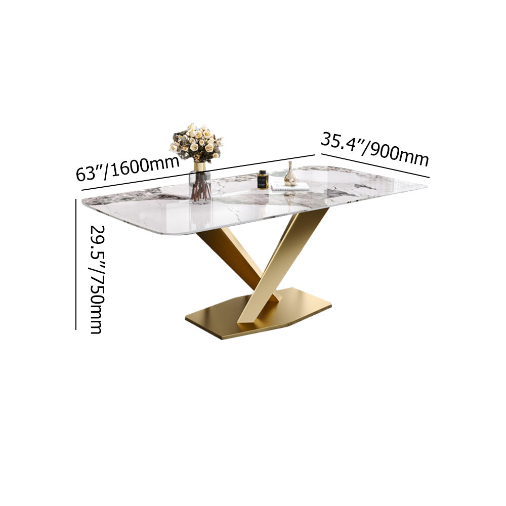 78.7" Modern White Rectangular Stone Dining Table with Double Bronze Pedestals