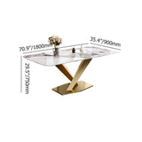 78.7" Modern White Rectangular Stone Dining Table with Double Bronze Pedestals