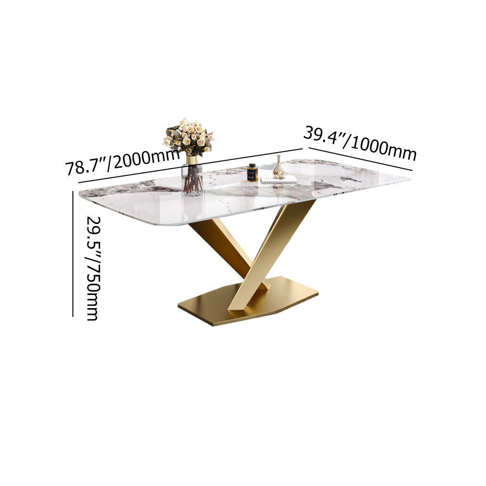 78.7" Modern White Rectangular Stone Dining Table with Double Bronze Pedestals