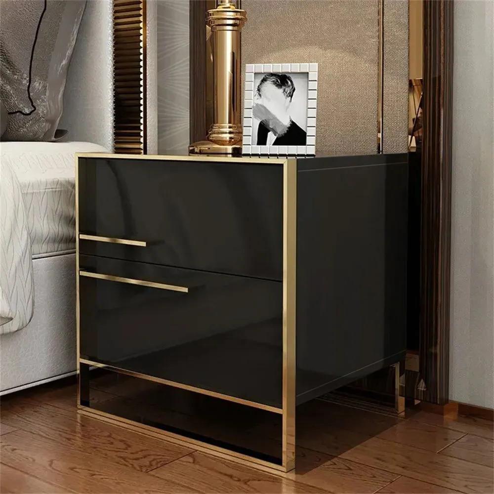 Modern 2 Drawers Black Lacquer Nightstand in Gold
