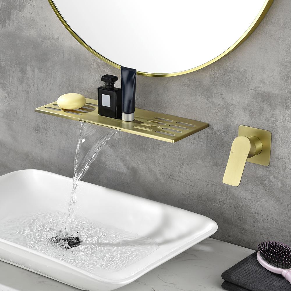 Modern Waterfall Wall Mounted Bathroom Sink Faucet Single Handle in Black