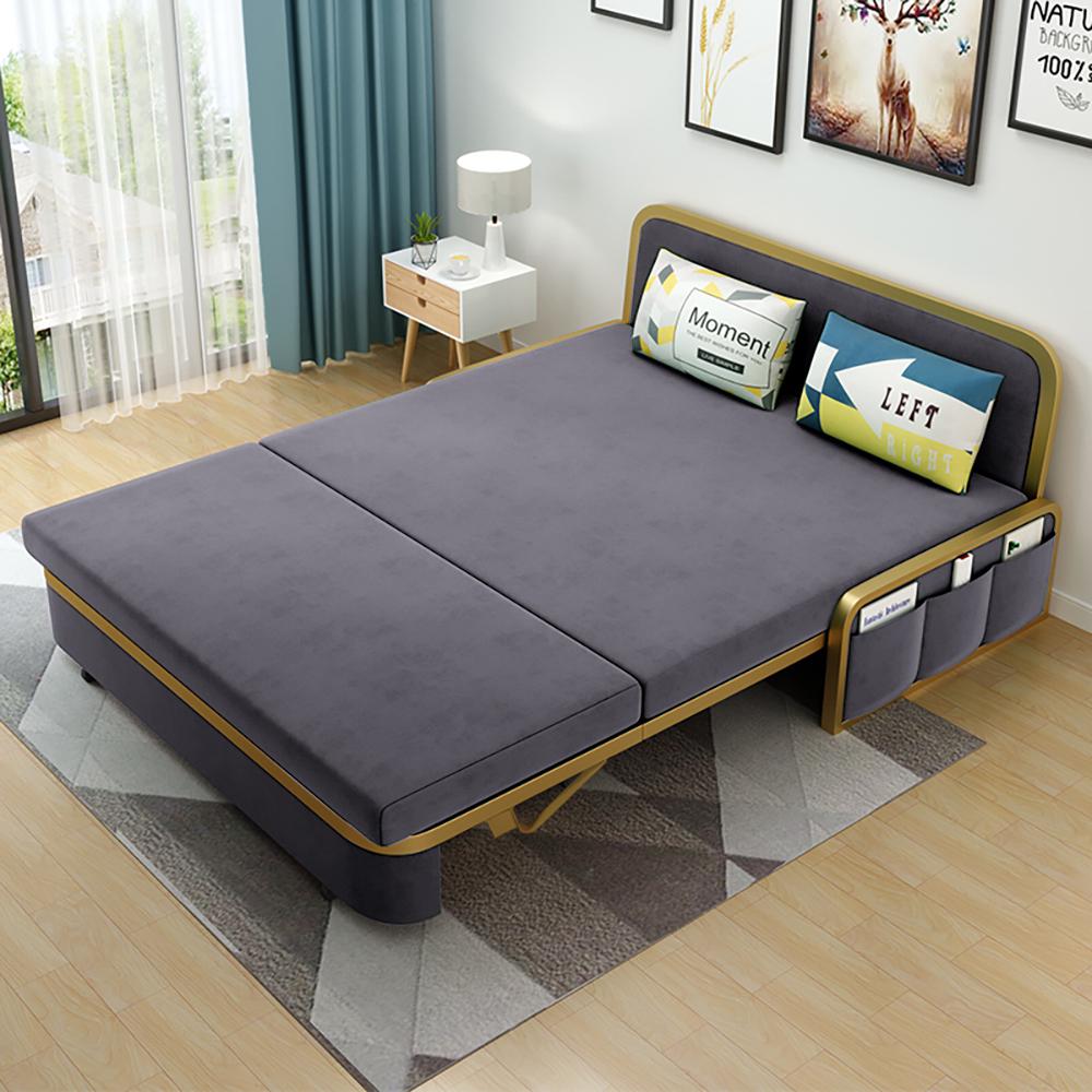 Modern Convertible Sofa Bed with Storage Velvet Upholstery in Beige & Gold