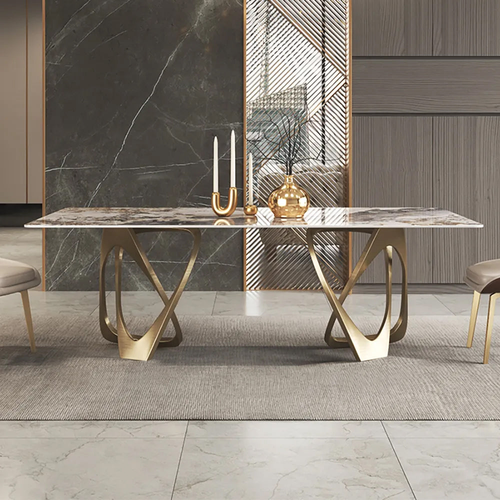 63" Contemporary Dining Table for 6 Seaters with Stone Top & Double Pedestal