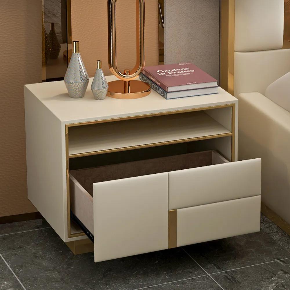 Modern Off-White Wooden Nightstand PU Leather Upholstery with 1 Drawer