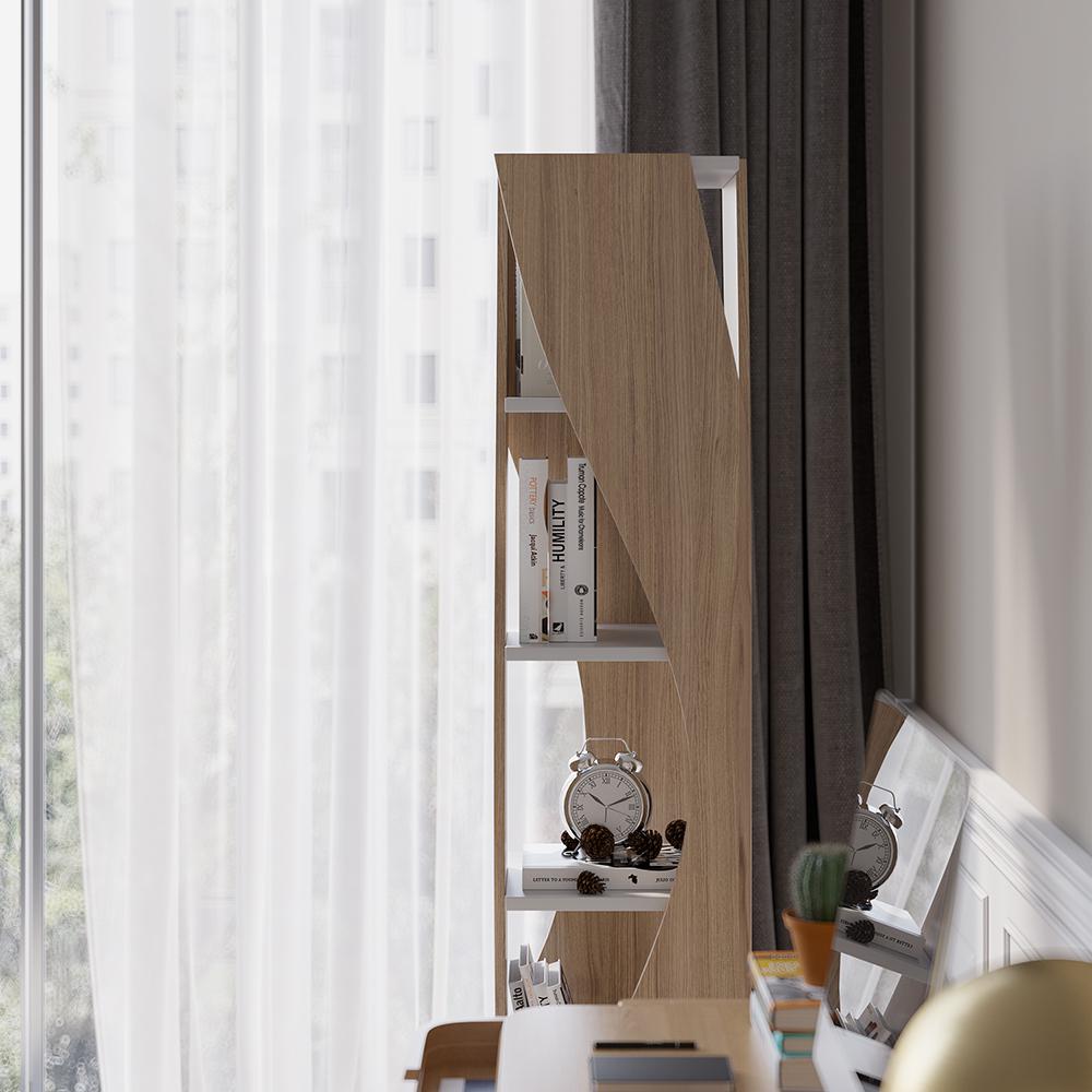 5-Tier Geometric Bookshelf Curved Shape Industrial Bookcase in Walnut & Black Rotating