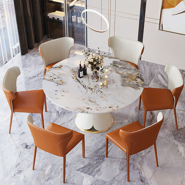 White Round Stone-top Dining Table Golden Stainless Steel Frame Pedestal Dining Table