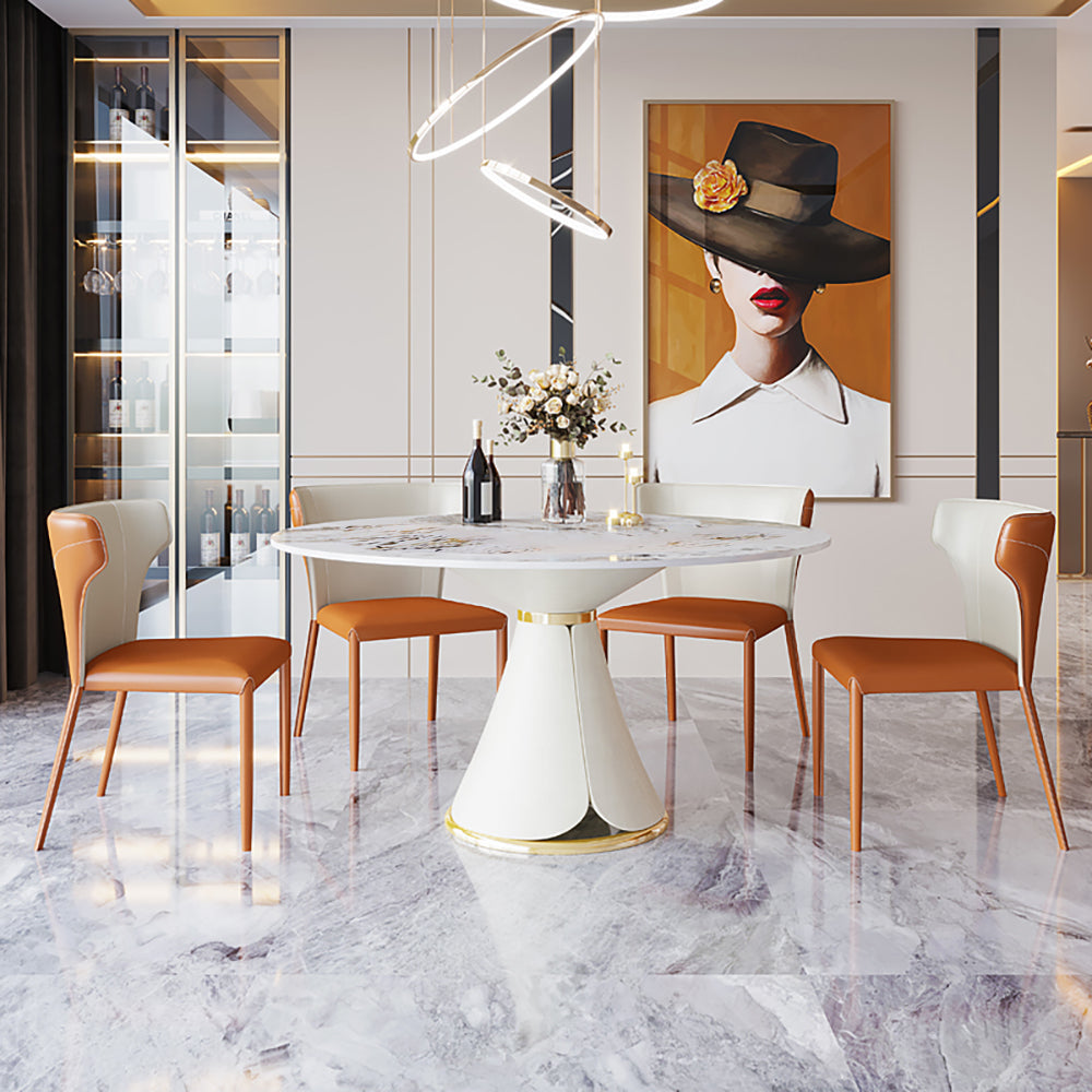White Round Stone-top Dining Table Golden Stainless Steel Frame Pedestal Dining Table