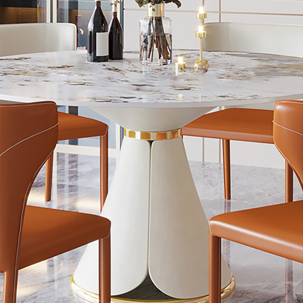White Round Stone-top Dining Table Golden Stainless Steel Frame Pedestal Dining Table