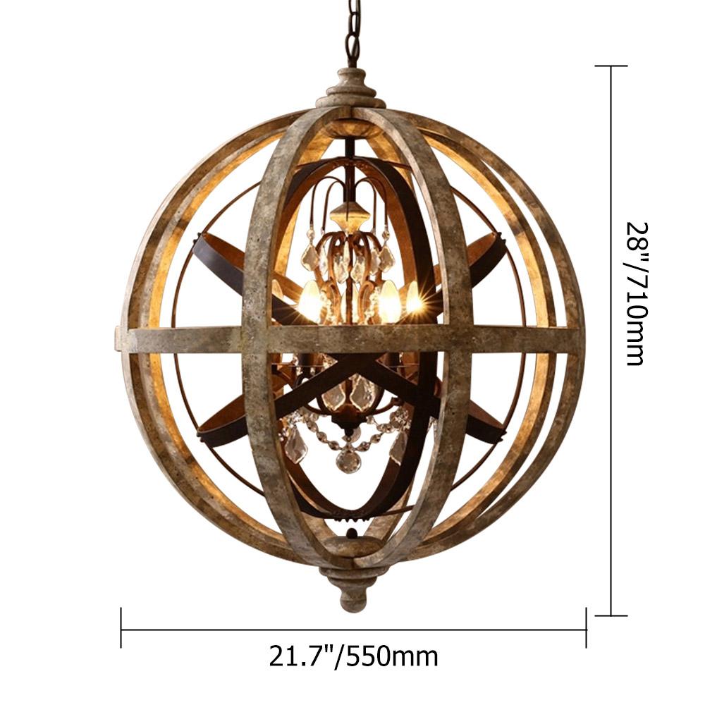 5-Light Retro Globe Weathered Wood Chandelier with Crystal Accents