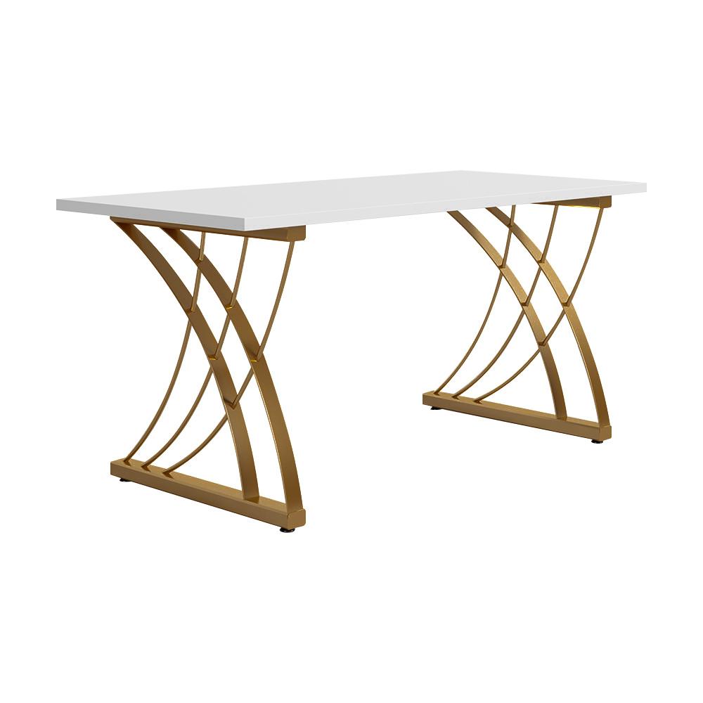 47" Modern White Rectangular Home Office Desk with Pine Wood Table Top & Gold Frame