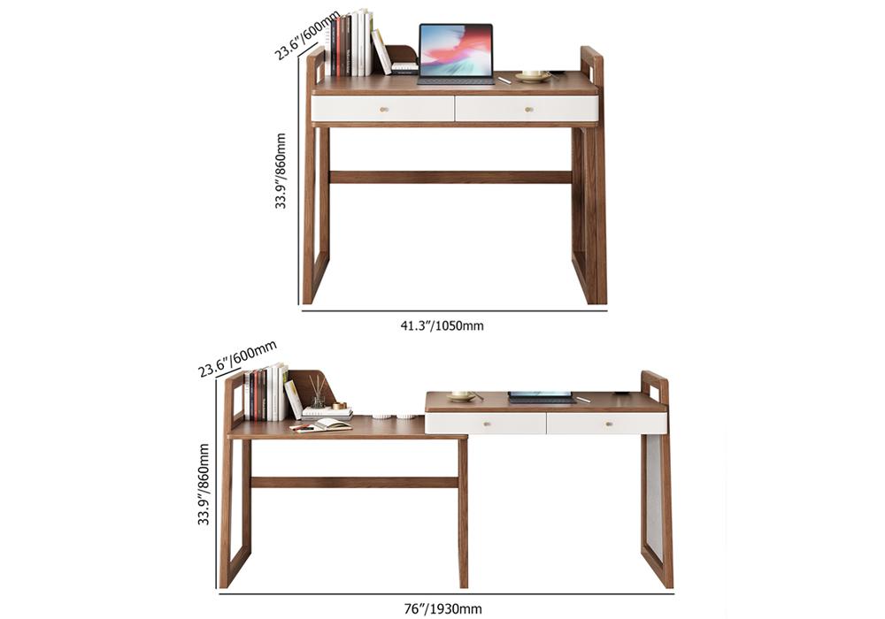 Modern I Shaped Desk Retracted & Extendable Corner Walnut Desk with Storage & 2 Drawers
