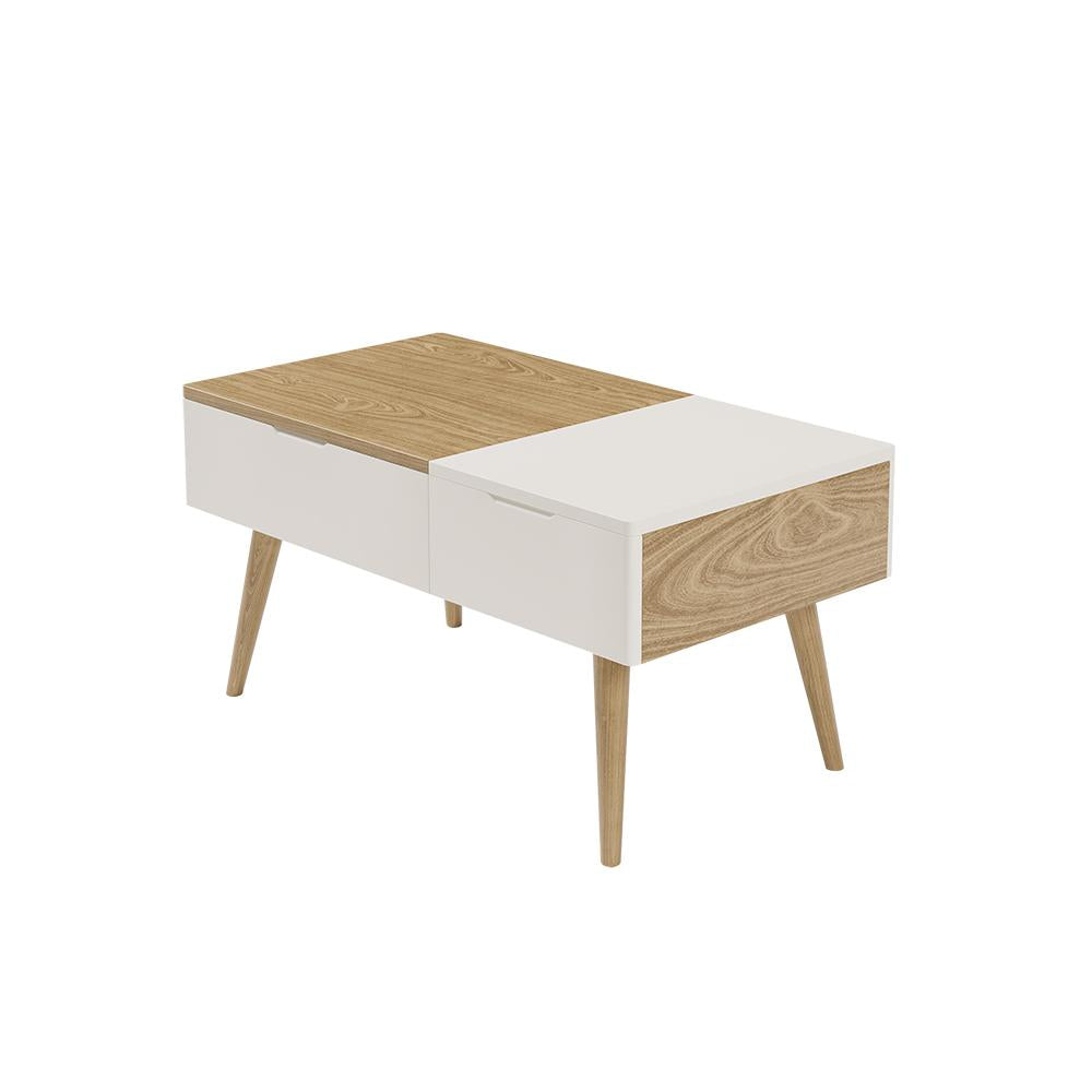 White & Natural Wooden Rectangular Multifunctional Coffee Table with Drawer Lift-Top Storage Table
