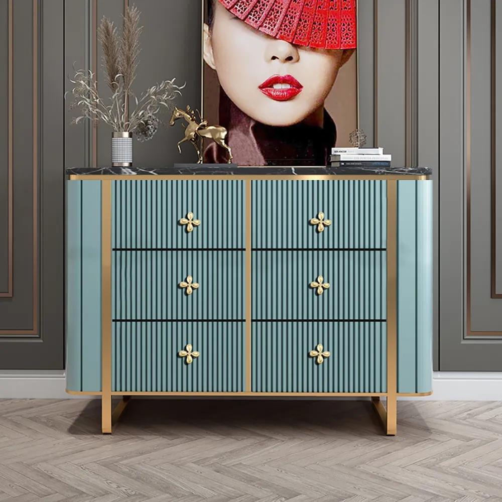 47" Modern Blue Dresser Faux Marble Top Cabinet with 6 Drawers in Gold