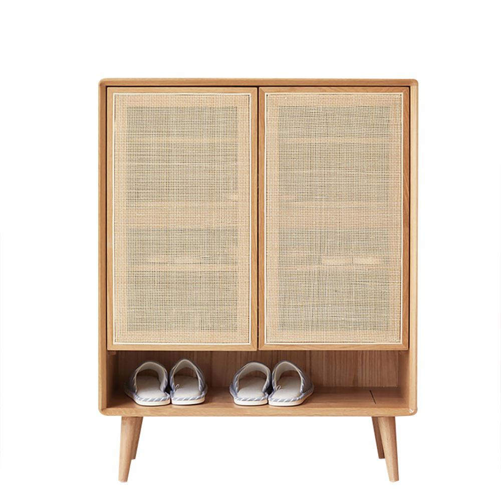 Farmhouse Natural Shoe Storage Cabinet Rattan 2 Doors & 4 Shelves Entryway Shoe Cabinet