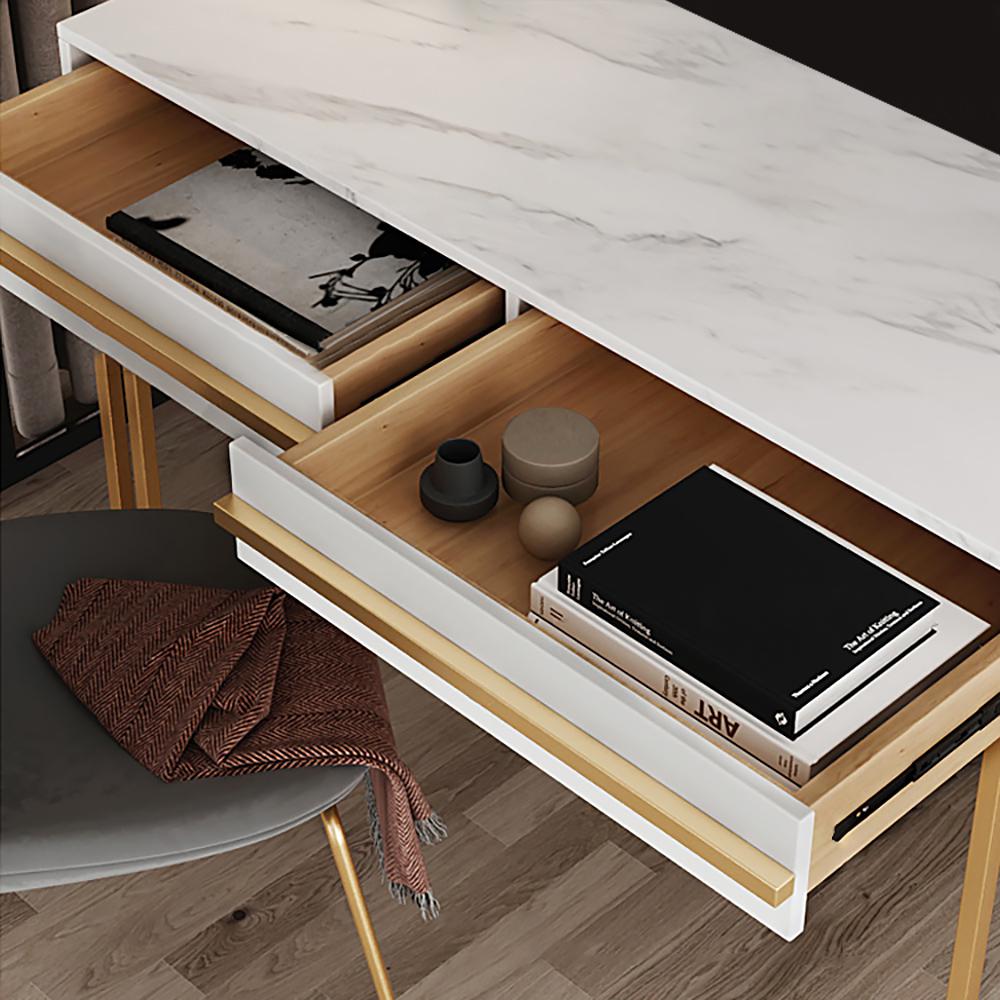39" Rectangular White Office Desk with Drawers Marble Veneer Top Gold Hardware