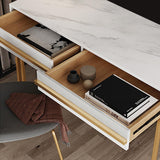 39" Rectangular White Office Desk with Drawers Marble Veneer Top Gold Hardware