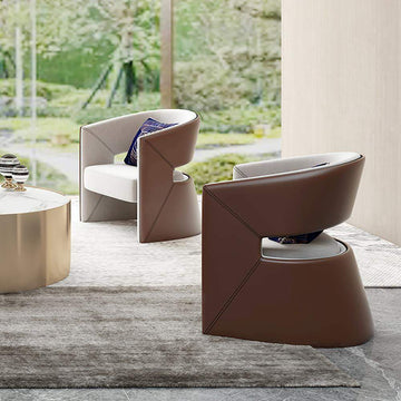 Modern Brown & Beige Solid Wood & Faux Leather Accent Chair in Barrel Shaped-Chairs & Recliners,Furniture,Living Room Furniture