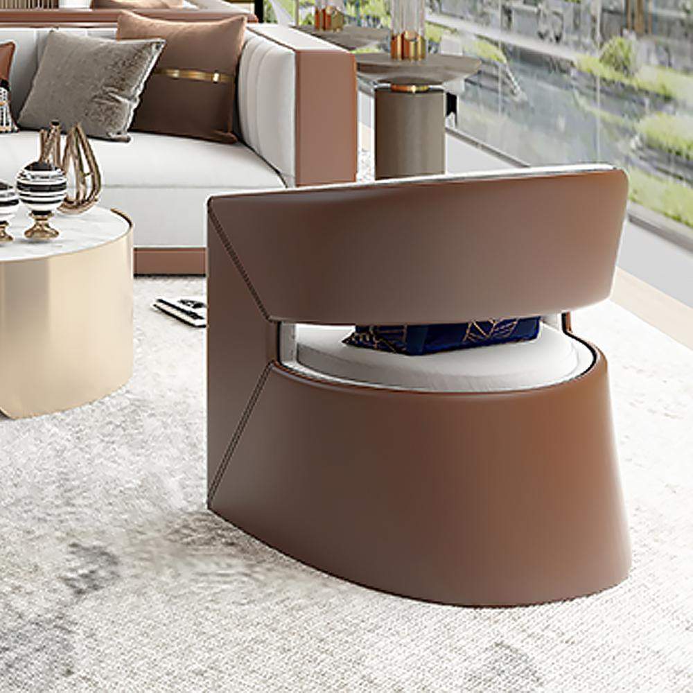 Modern Brown & Beige Solid Wood & Faux Leather Accent Chair in Barrel Shaped-Chairs & Recliners,Furniture,Living Room Furniture