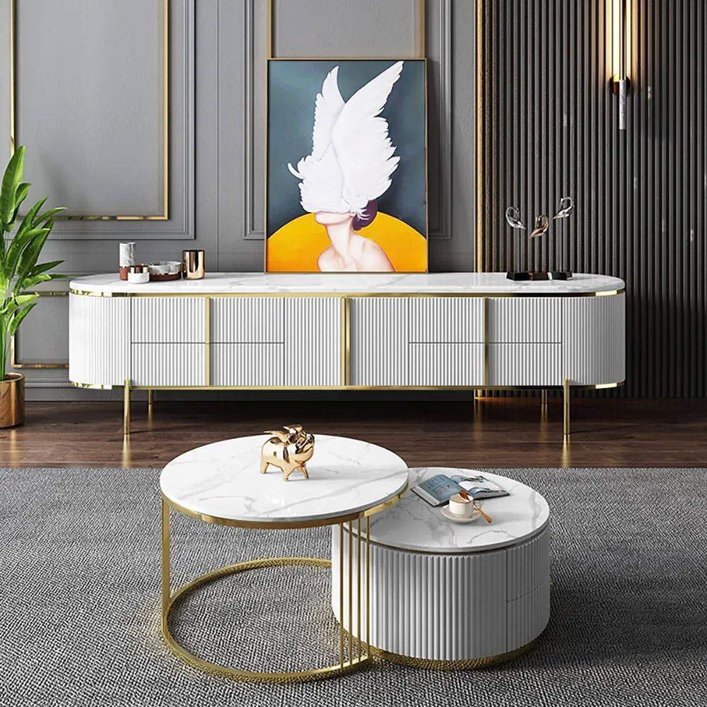 Modern Oval TV Stand White Faux Marble Top with Drawers & Storage for 85 Inch TV-Richsoul-Furniture,Living Room Furniture,TV Stands