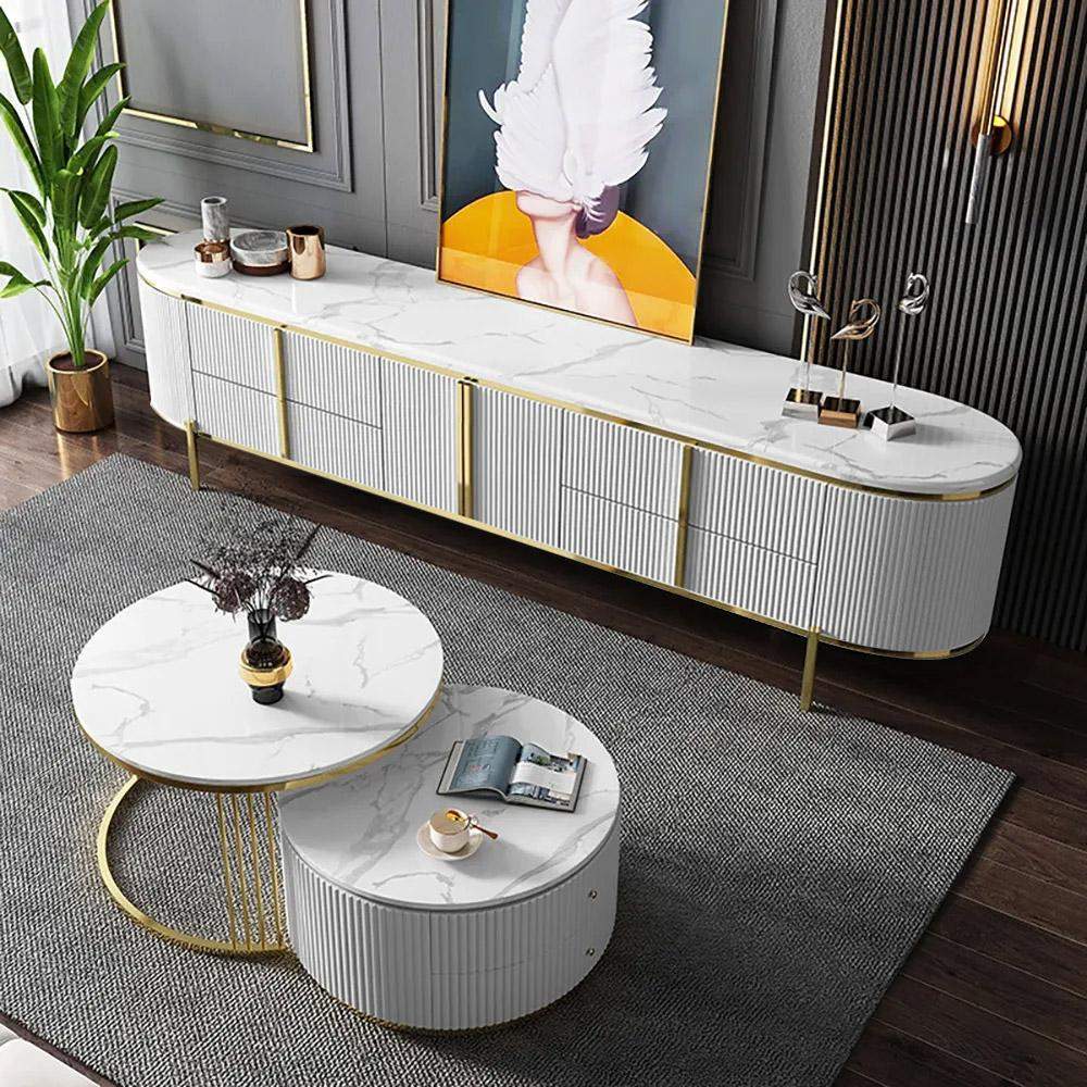 Modern Oval TV Stand White Faux Marble Top with Drawers & Storage for 85 Inch TV-Richsoul-Furniture,Living Room Furniture,TV Stands