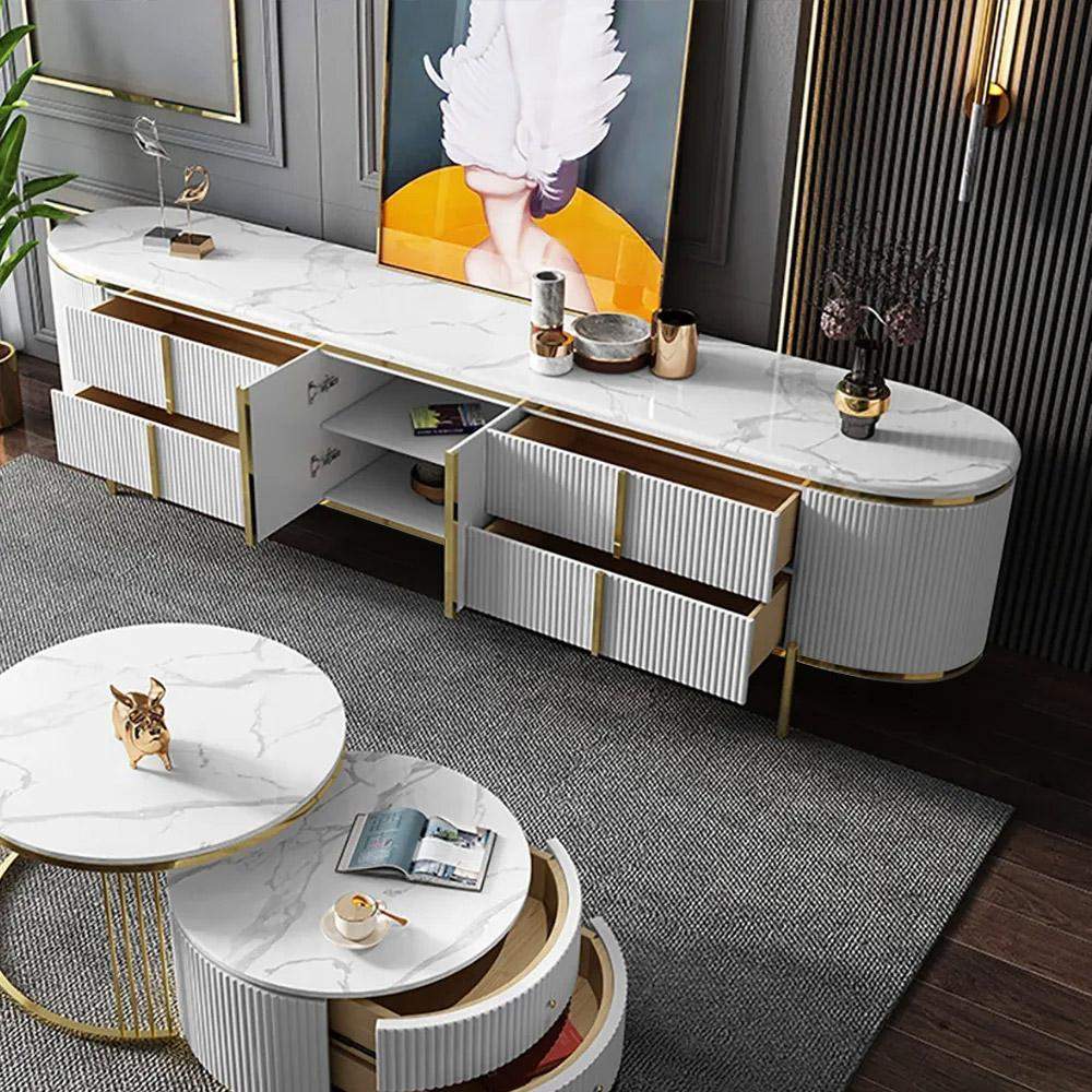 Modern Oval TV Stand White Faux Marble Top with Drawers & Storage for 85 Inch TV-Richsoul-Furniture,Living Room Furniture,TV Stands
