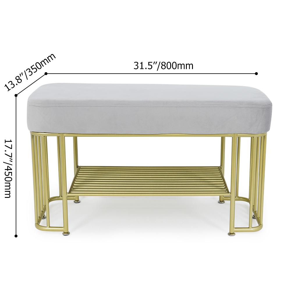 Modern Gray Storage Bench Entryway Bench Velvet Upholstered with Golden Frame & Shelves