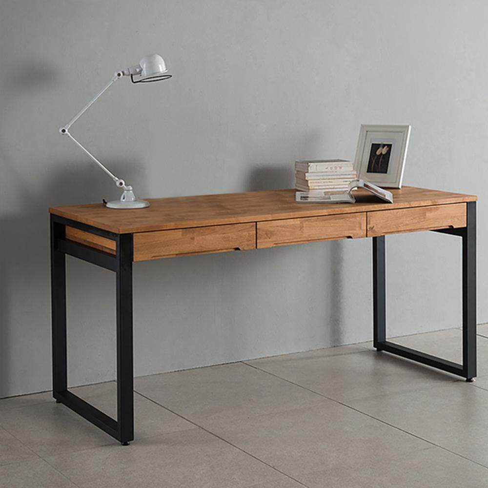 47.2" Modern Wooden Natural & Black Office Desk with Drawers & Metal Legs-Desks,Furniture,Office Furniture