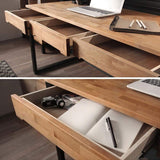 47.2" Modern Wooden Natural & Black Office Desk with Drawers & Metal Legs-Desks,Furniture,Office Furniture