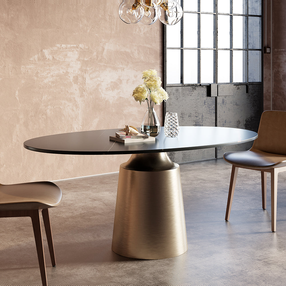 63" Modern Oval Stone Dining Table with Bronze Carbon Steel Base